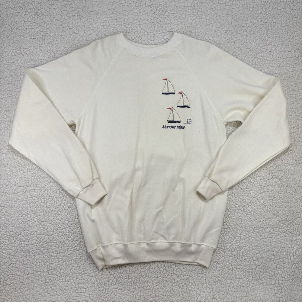 Vintage 80s Mackinac Island Sweatshirt White Sailboats Crewneck Size Large